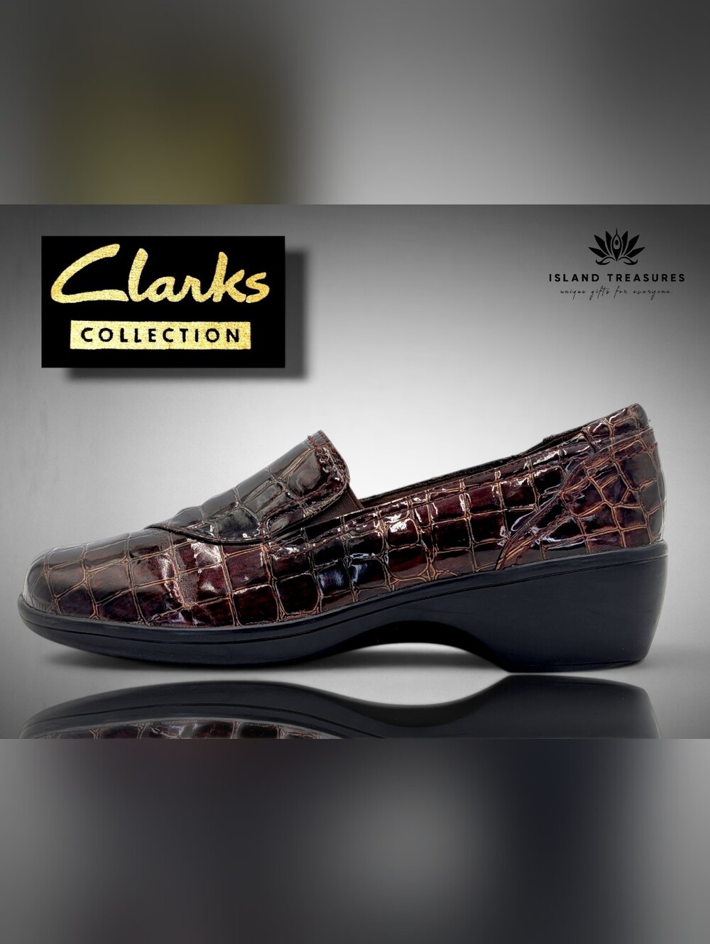 Clarks Collection Sz 7.5M Women's Brown Croc Wedge Elastic Gores Slip-On Loafers
